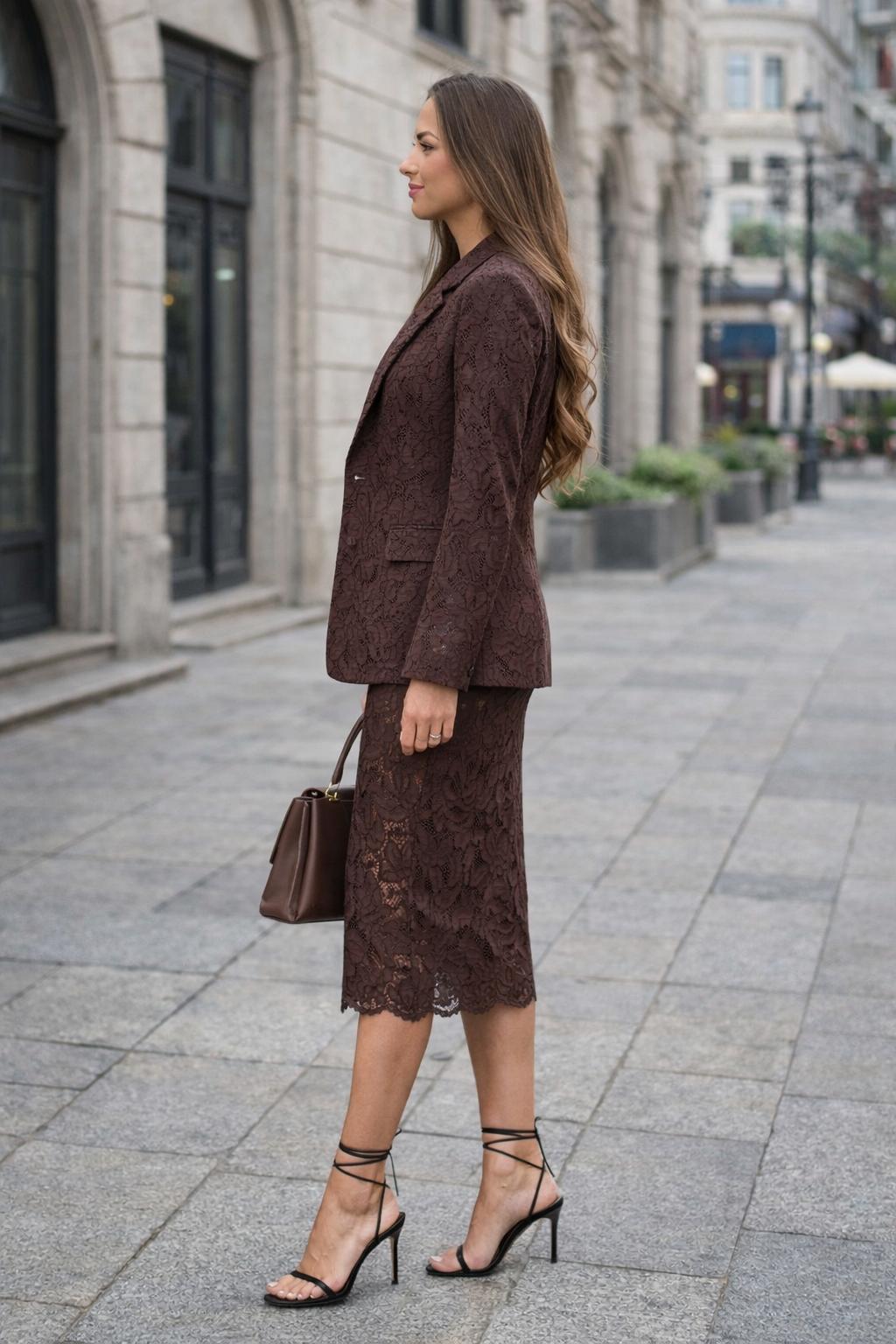 Luxusný čipkovaný komplet: Sako a puzdrová sukňa