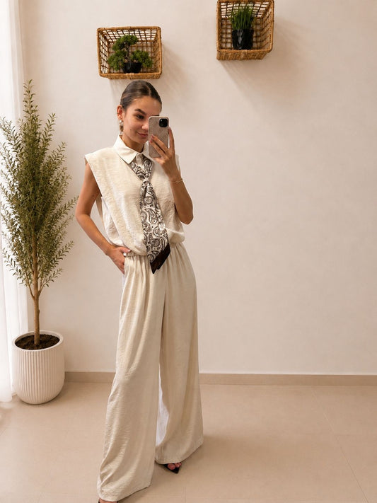 Elegantný 3-dielny komplet nohavíc, topu a šatky