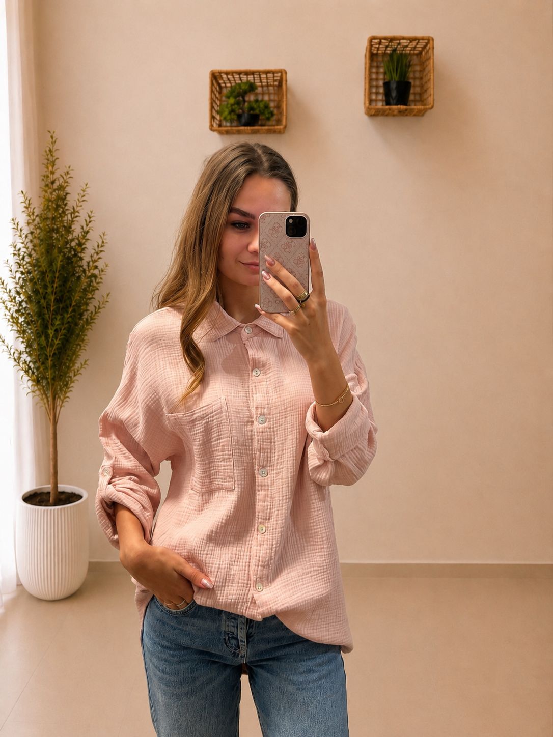 Dámska mušelínová košeľa s oversize strihom