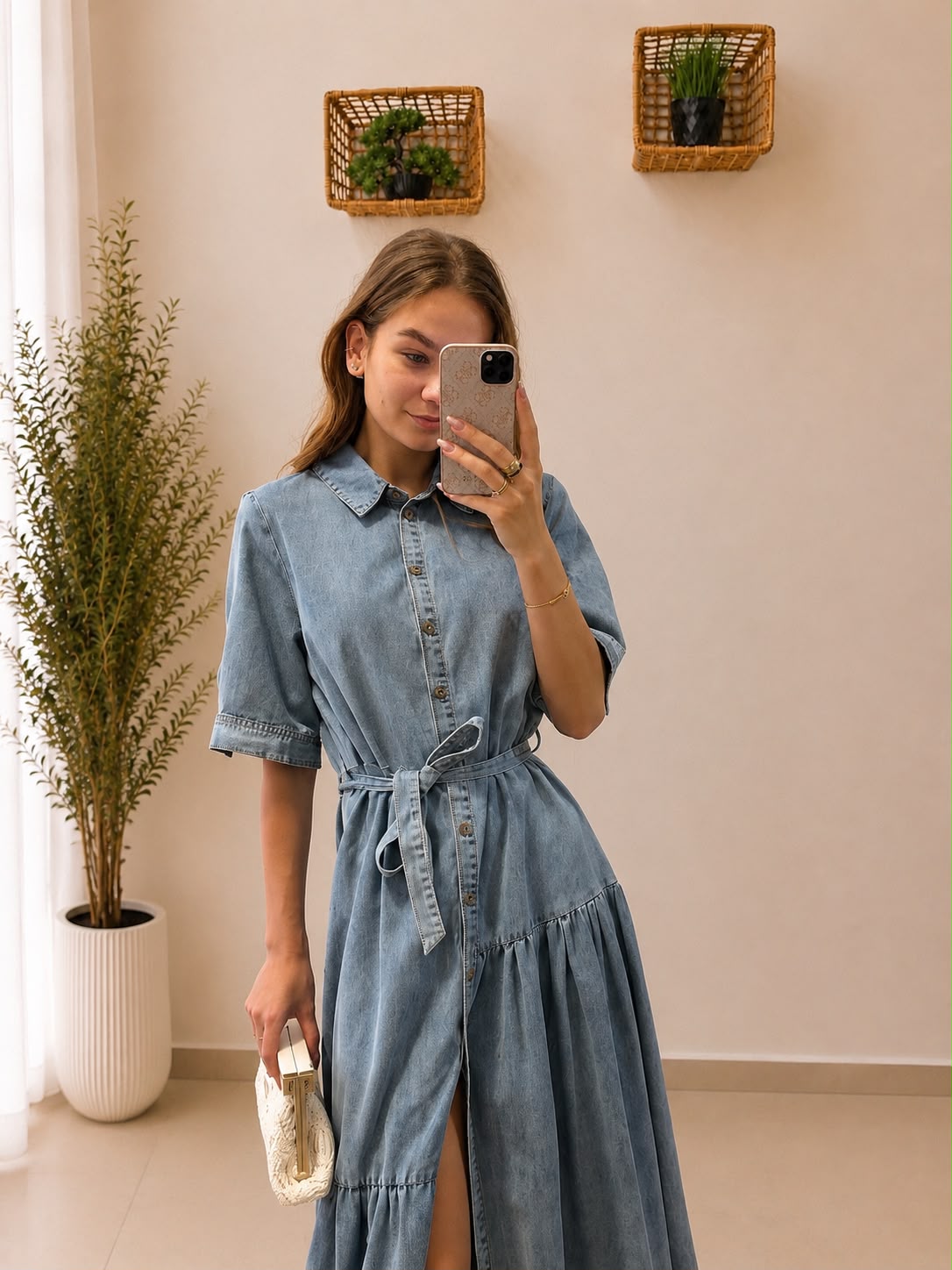 Denimové maxi šaty s asymetrickým volánom