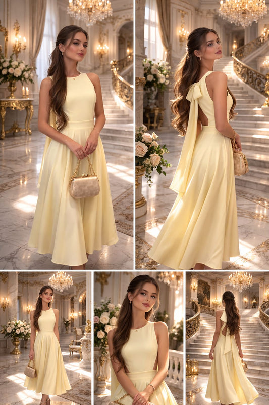 Elegantné midi šaty s odhaleným chrbtom a mašľou