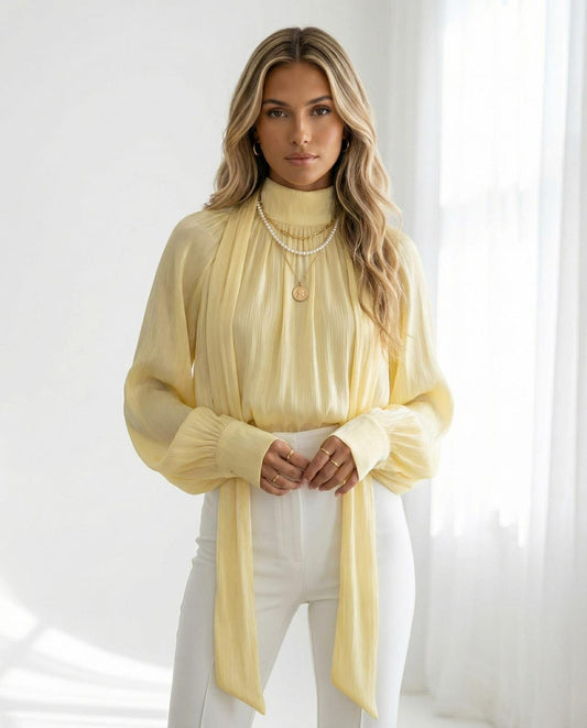 Dizajnová blúzka s viazaním a balónovými rukávmi