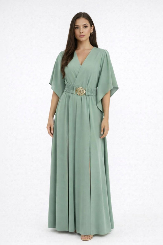 Elegantné zavinovacie maxi šaty s motýlími rukávmi a opaskom