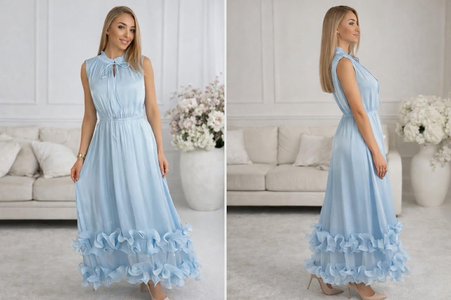 Dlhé spoločenské šaty s volánmi a viazaním pri krku