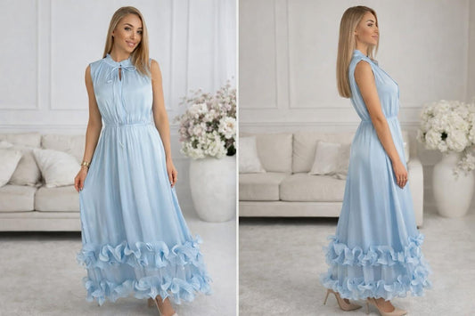 Dlhé spoločenské šaty s volánmi a viazaním pri krku