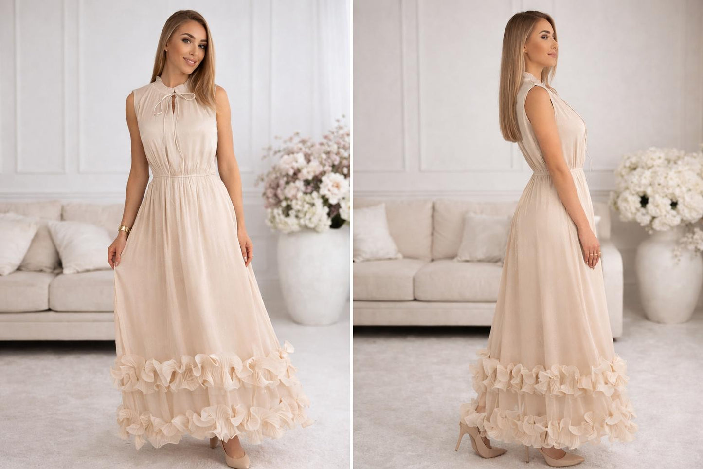 Dlhé spoločenské šaty s volánmi a viazaním pri krku