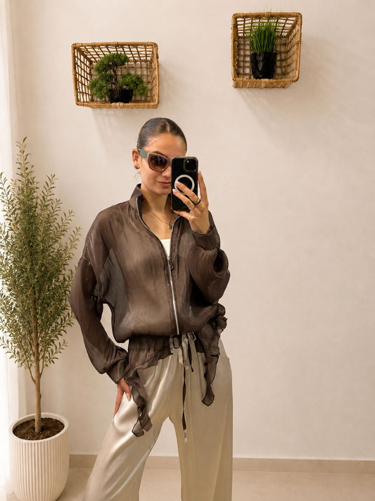Priesvitná letná oversize bundička so strieborným zipsom