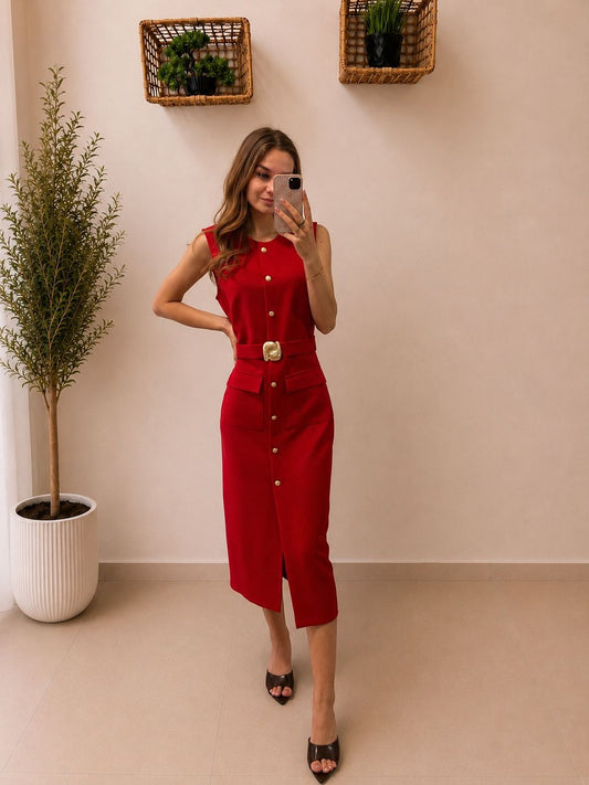 Elegantné midi šaty s opaskom a gombíkmi