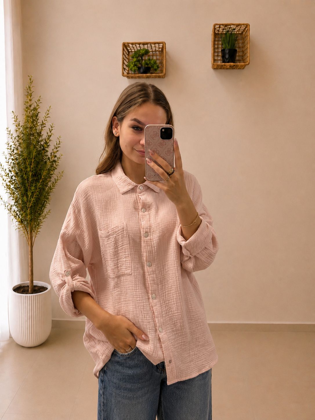 Dámska mušelínová košeľa s oversize strihom