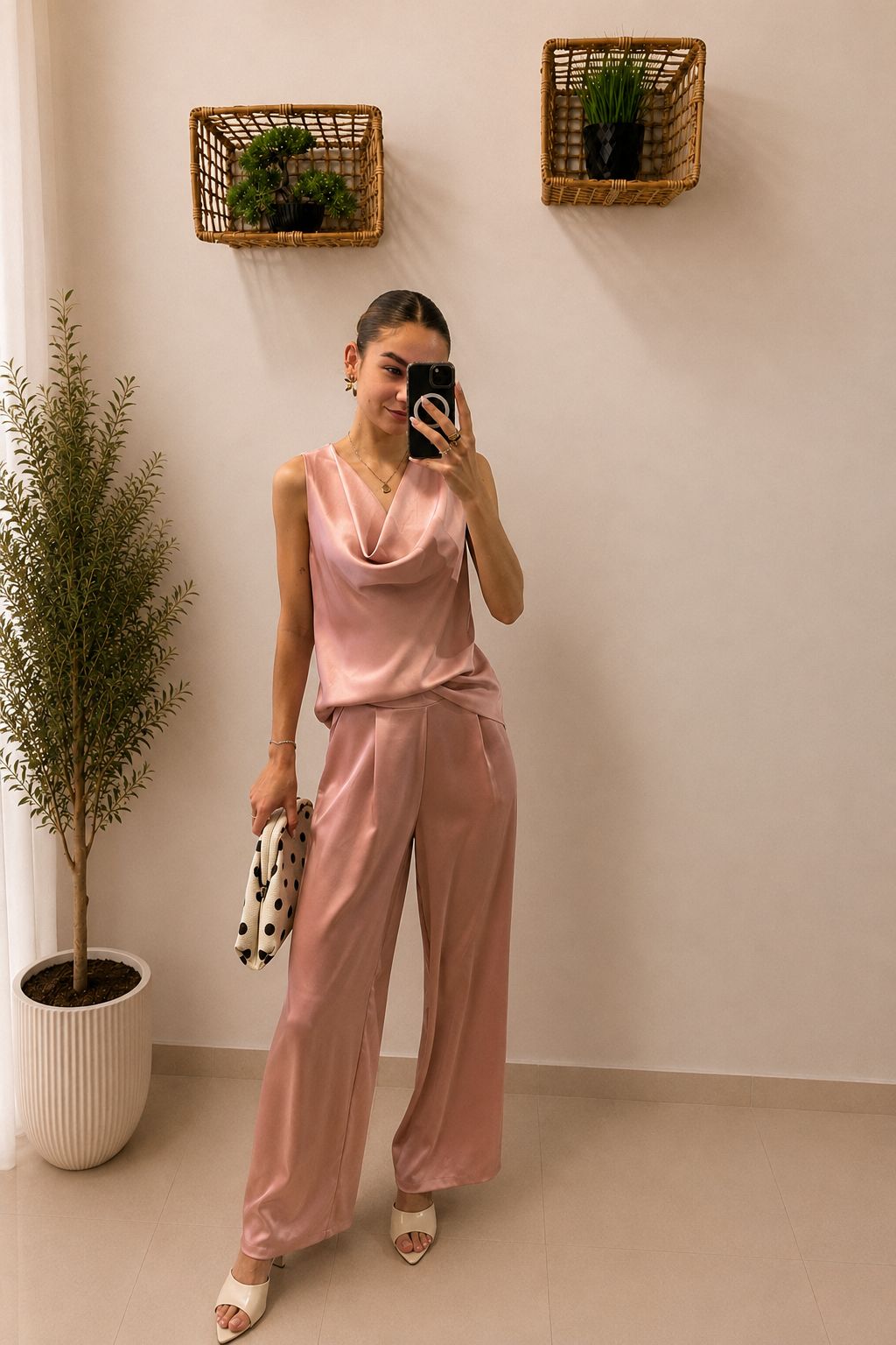 Elegantný komplet s voduškovým topom a širokými nohavicami