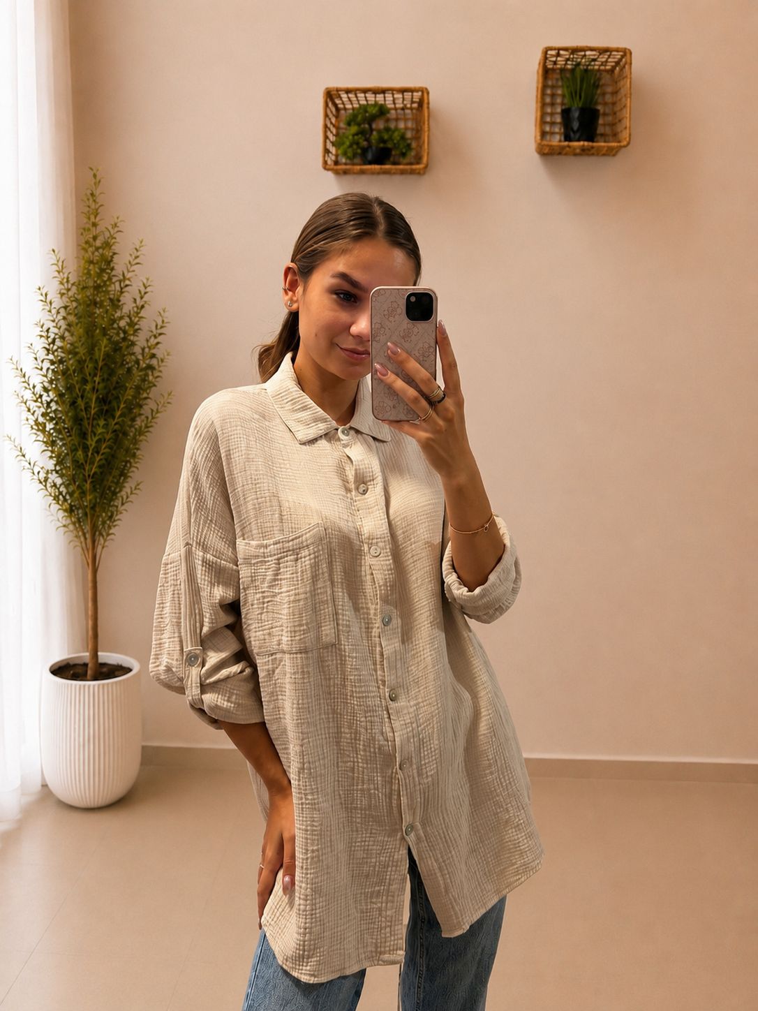 Dámska mušelínová košeľa s oversize strihom