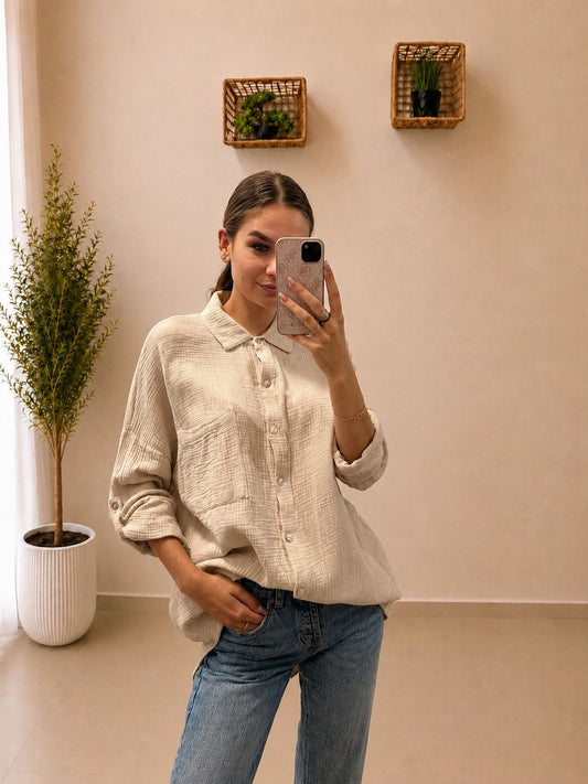 Dámska mušelínová košeľa s oversize strihom